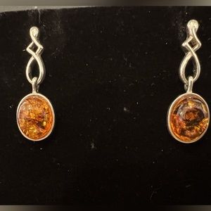 Sterling Silver Stud Earrings with amber/orange stone.